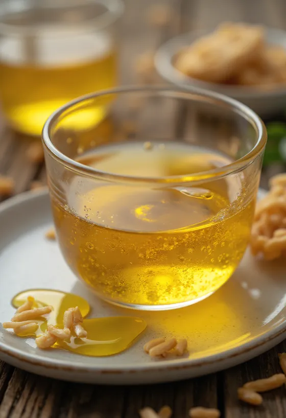 Olio di crusca di riso in bottiglia, con chicchi di riso e crusca su sfondo naturale