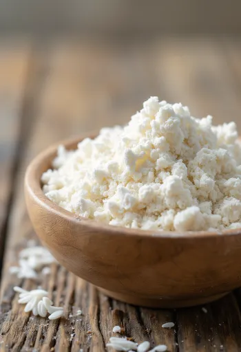 Farina di riso fine in ciotola di ceramica, sparsa su superficie in legno