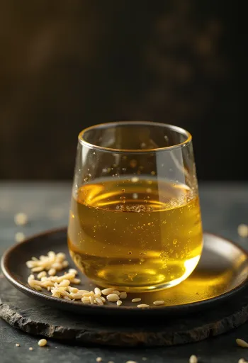 Olio di riso in una ciotolina, con chicchi di riso integrale e crusca