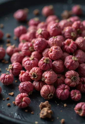 Grani di pepe rosa in ciotola di legno e sparsi