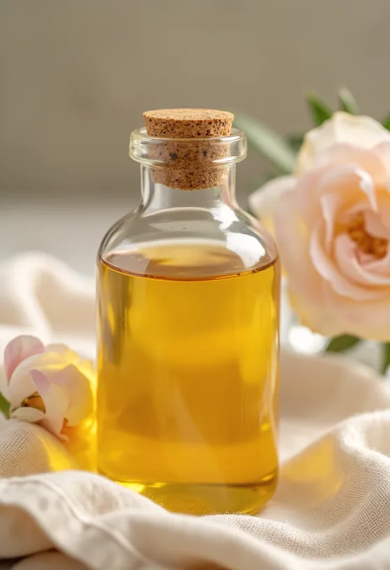 Olio essenziale di rosa in boccetta con petali e rose essiccate