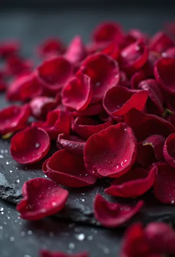 Petali di rosa edibili su tavolo, in ciotola con acqua di rose e tè