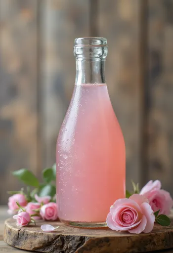 Acqua di rose in bottiglia con petali, tè e dolcetti