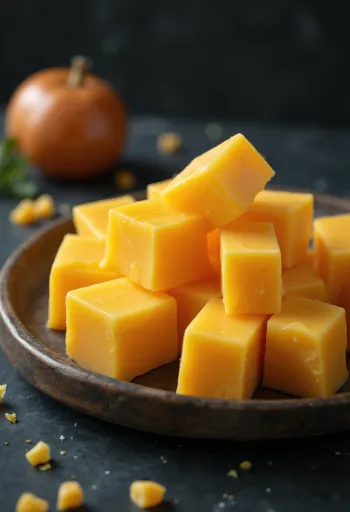 Cheddar giallo a cubetti in ciotola di ceramica su tavolo di legno