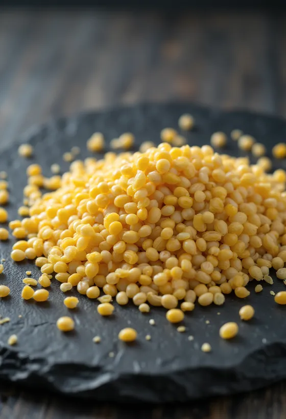 Semi di senape gialla interi in ciotola e sparsi