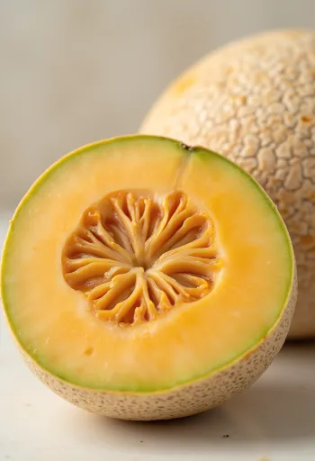 Melone retato tagliato a fette e metà su tavolo di legno