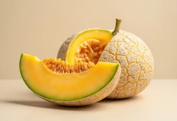 Melone retato tagliato a fette e metà su tavolo di legno