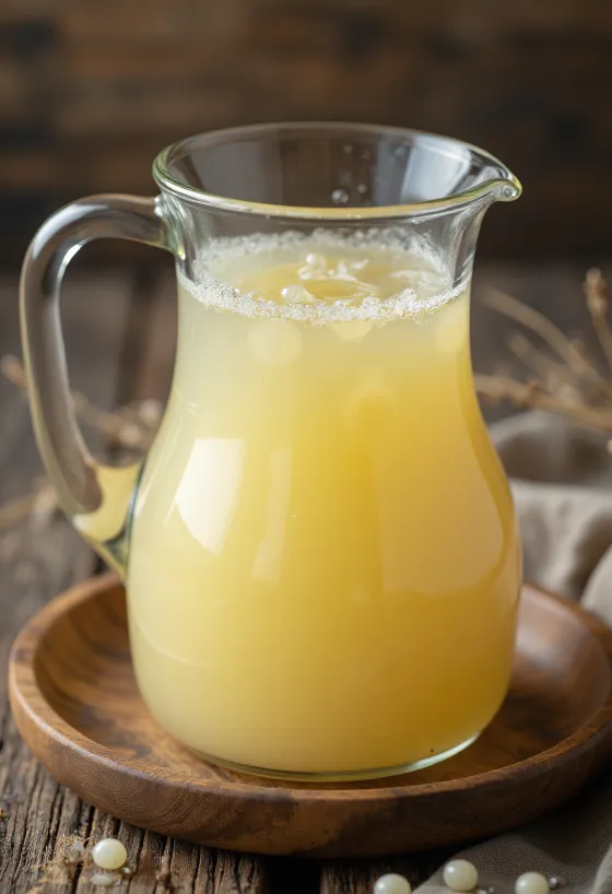 Siero di latte acido in ciotola di vetro su tavolo rustico