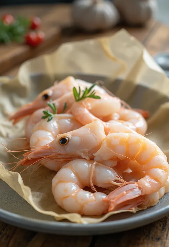 Polpa di scampi freschi su ghiaccio con limone e prezzemolo