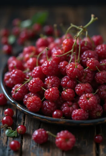 Bacche fresche di Schisandra rosse, alcune tagliate, stato crudo