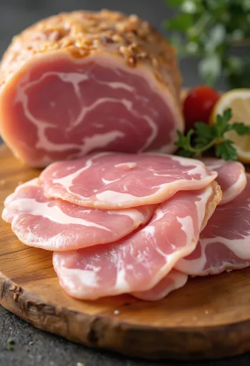 Prosciutto crudo affettato su tagliere di legno con grasso visibile