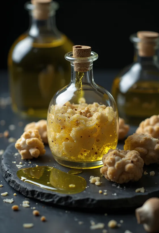 Olio al tartufo in bottiglietta, con fette di tartufo e servito