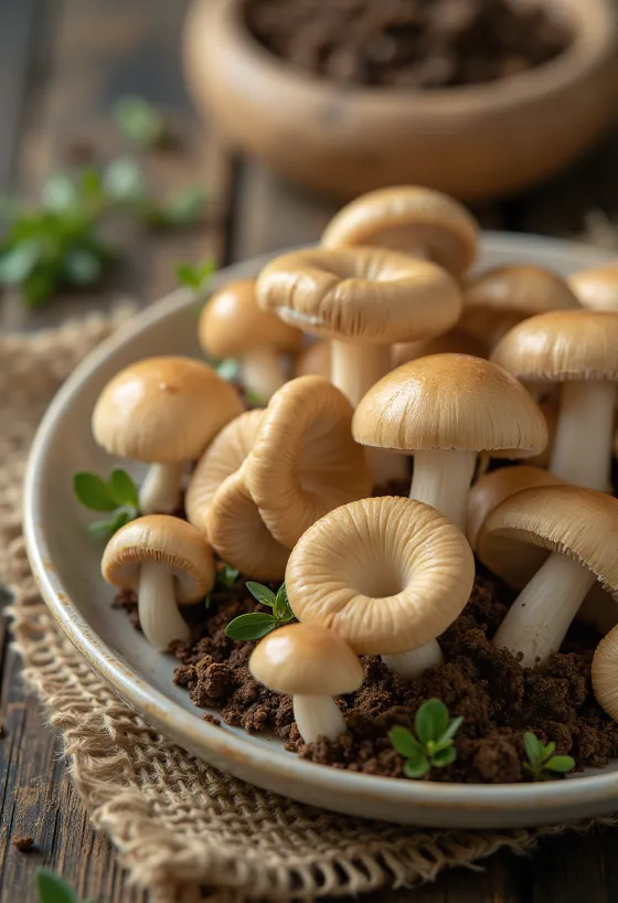 Funghi Gambesecche affettati con erbe aromatiche su tagliere
