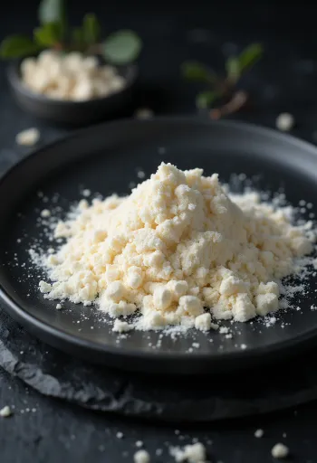 Farina di semi di carrube in ciotola di ceramica e su cucchiaio, con frutti accanto