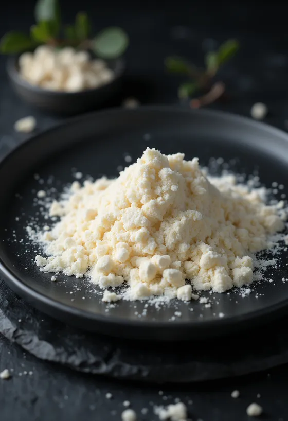 Farina di semi di carrube in ciotola di ceramica e su cucchiaio, con frutti accanto
