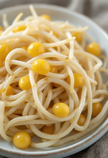 Germogli di soia freschi su piatto bianco, pianta germogliata croccante