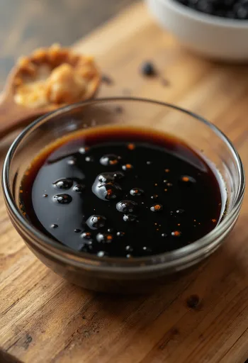 Salsa di soia in ciotola di ceramica, con soia fermentata, grano tostato e sale marino in contenitori di legno