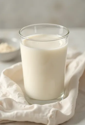 Latte di soia versato in bicchiere, con fagioli di soia in ciotola e sparsi sul banco
