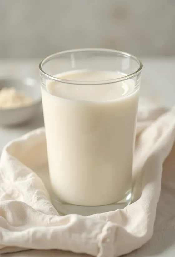 Latte di soia versato in bicchiere, con fagioli di soia in ciotola e sparsi sul banco