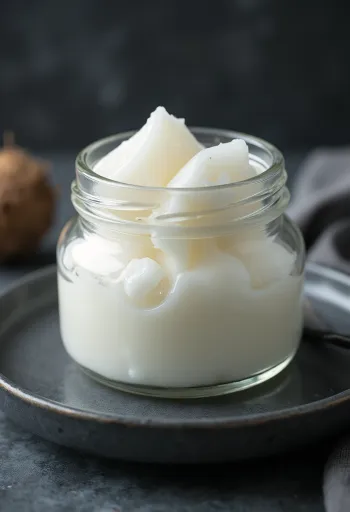 Olio di cocco vergine solido in ciotola con cocco fresco