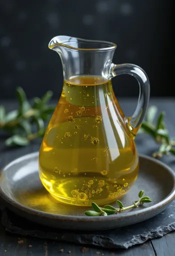 Olio di oliva vergine in ciotolina, colore dorato, con olive