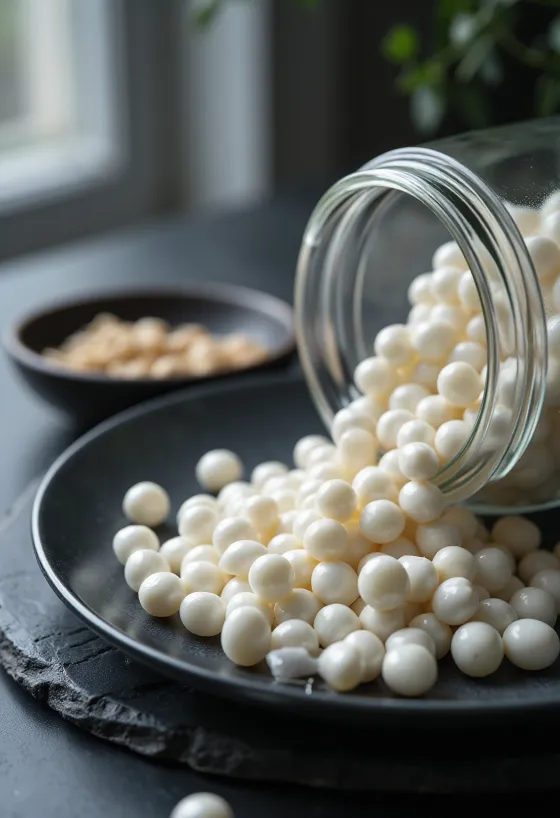 Perle di tapioca in ciotola di ceramica, sparse su superficie in legno