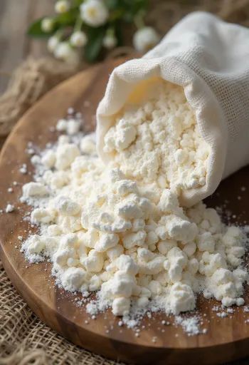 Amido di tapioca fine in ciotola e cucchiaio, su superficie chiara