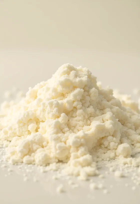 Latte in polvere in ciotola di legno con cucchiaio