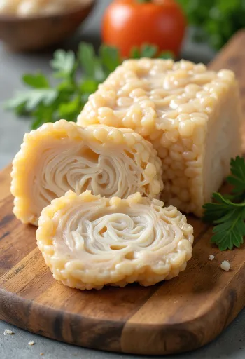 Pezzi di tempeh affettati su superficie di legno, tempeh grigliato nel piatto