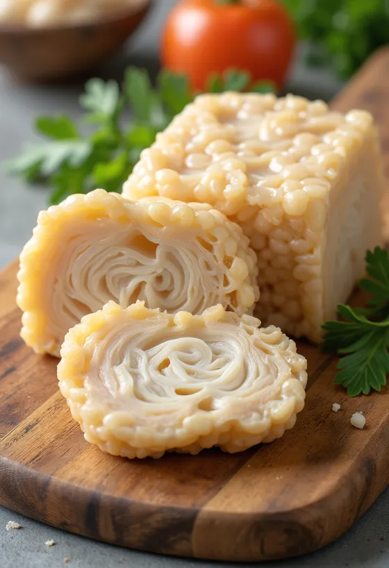 Pezzi di tempeh affettati su superficie di legno, tempeh grigliato nel piatto