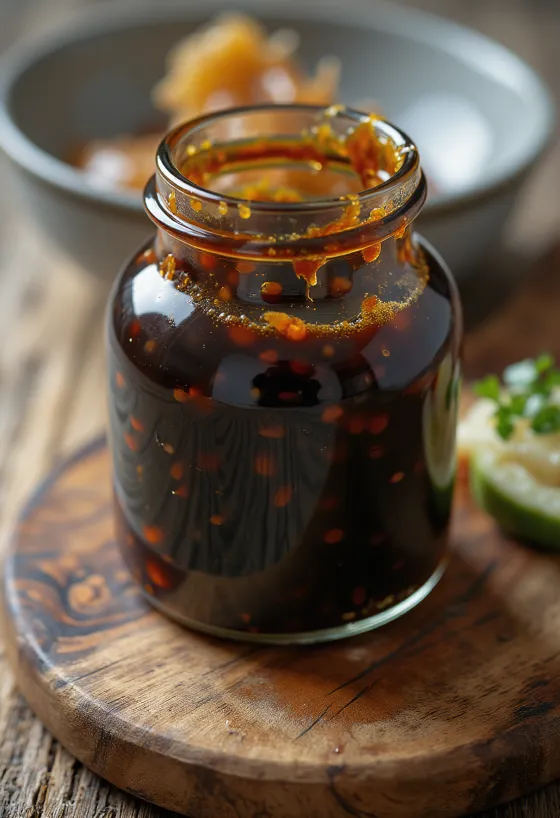 Salsa teriyaki lucida e scura in ciotola di ceramica, con salsa di soia, mirin, sake e zucchero di canna accanto