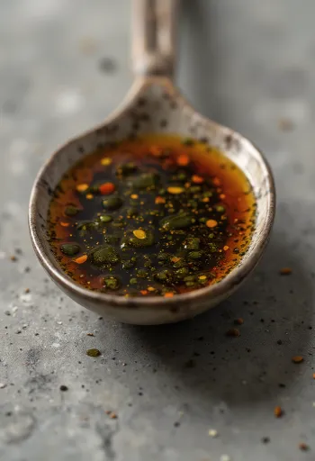 Olio di semi di zucca in bottiglia scura e ciotolina su sfondo chiaro