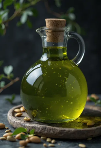 Olio di semi di zucca scuro in ciotola con semi con guscio