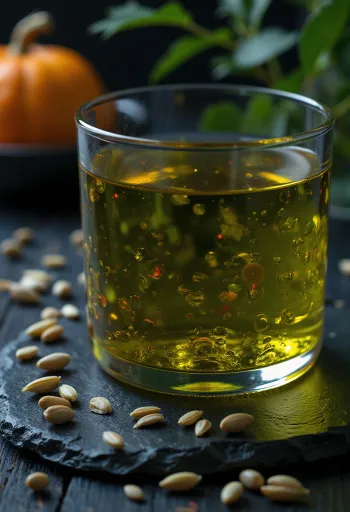 Olio di semi di zucca verde scuro in ciotola con semi verdi decorticati