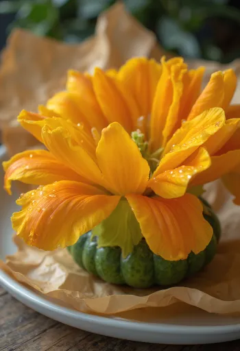 Fiori di zucca maschili freschi su piatto bianco pronti per la cucina