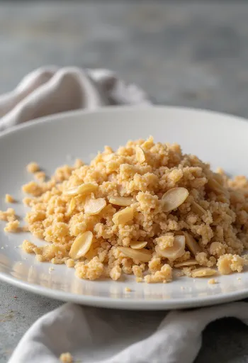 Crusca di farro spelta in ciotola di ceramica e sparsa su superficie cucina in legno