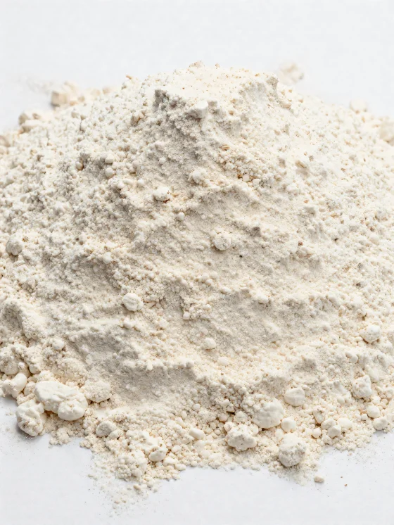 Farina di farro in ciotola di ceramica, tonalità beige naturale