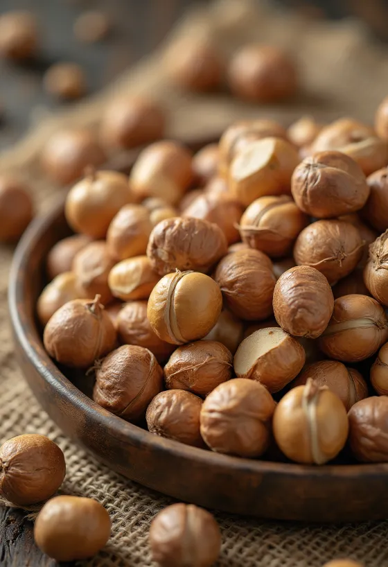 Nocciole turche pelate su sfondo bianco, intere e tagliate