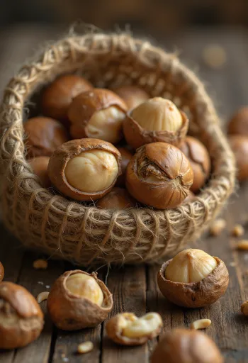 Nocciole sgusciate in ciotola rustica su legno