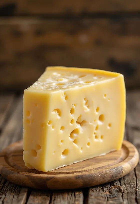Formaggio Trappista a fette e intero su tagliere di legno