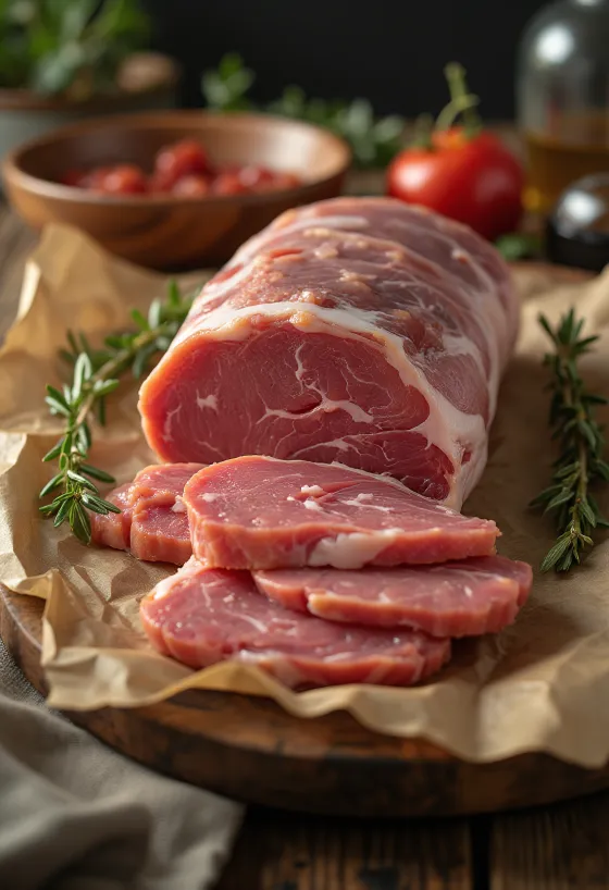 Lombo di cinghiale crudo a fette con spezie su legno