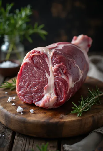 Coscia di cinghiale cruda con spezie su tagliere di legno
