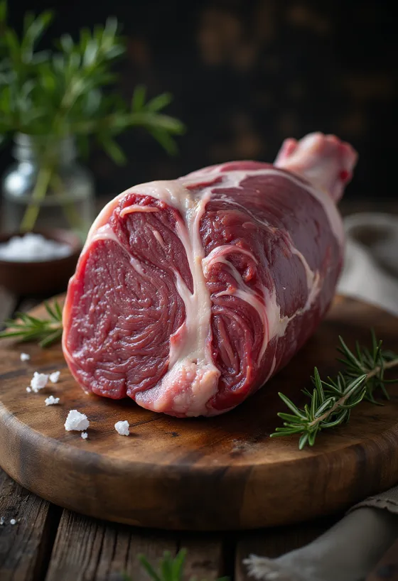 Coscia di cinghiale cruda con spezie su tagliere di legno