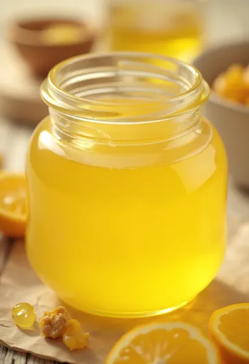 Ghee in barattolo e dosato col cucchiaio su asse di legno, luce naturale