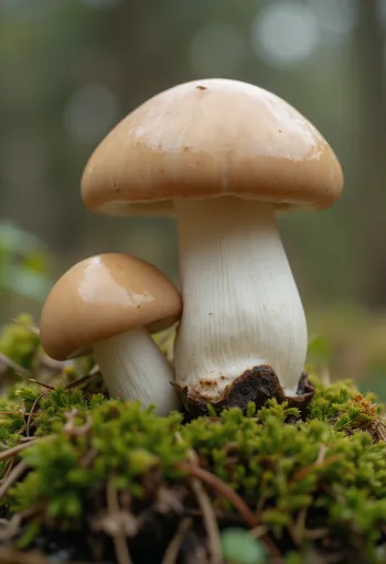 Funghi porcini freschi in cucina stile bosco, su tavolo di legno