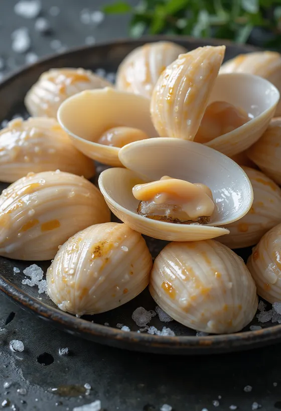 Carne di vongole fresche su ghiaccio con limone e prezzemolo