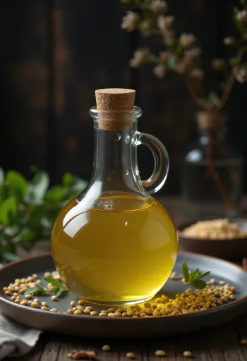 Olio di sesamo chiaro in ciotolina con semi di sesamo bianchi