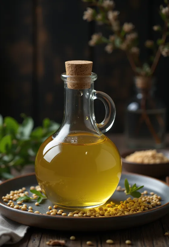 Olio di sesamo chiaro in ciotolina con semi di sesamo bianchi