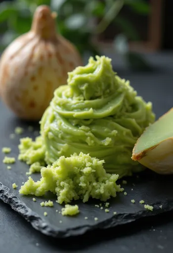 Radice di wasabi fresca, pasta verde in ciotola e grattugia tradizionale