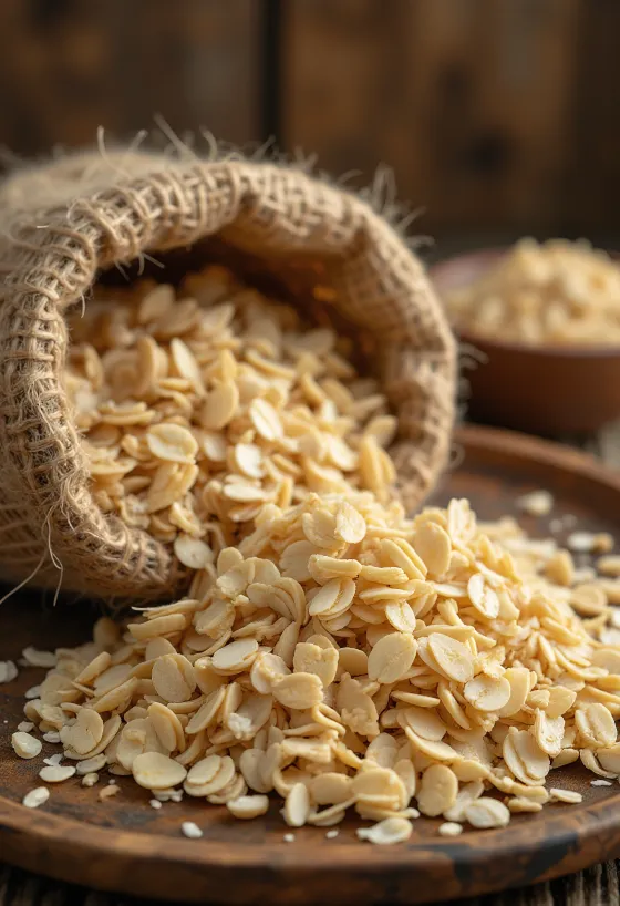 Crusca di avena in una ciotola di ceramica e sparsa su superficie cucina in legno